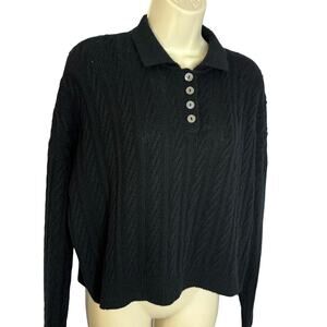 Autumn Cashmere Boxy Cable Knit Polo Cashmere Sweater Black Soft Luxury XS